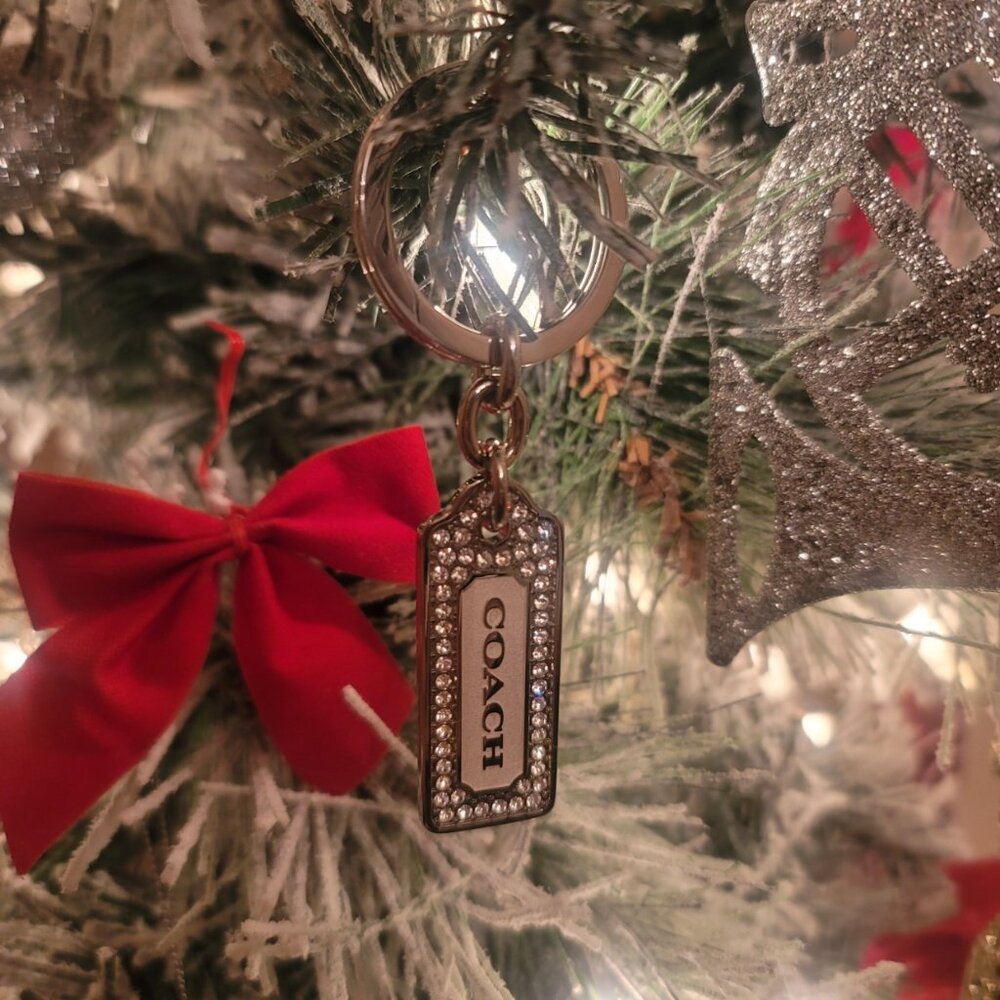 Coach Silver Rectangular Logo Key Ring with Rhinestone Border - Picture 6 of 15